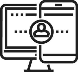 Icon: Halber Desktop und Handy. Dazwischen der User