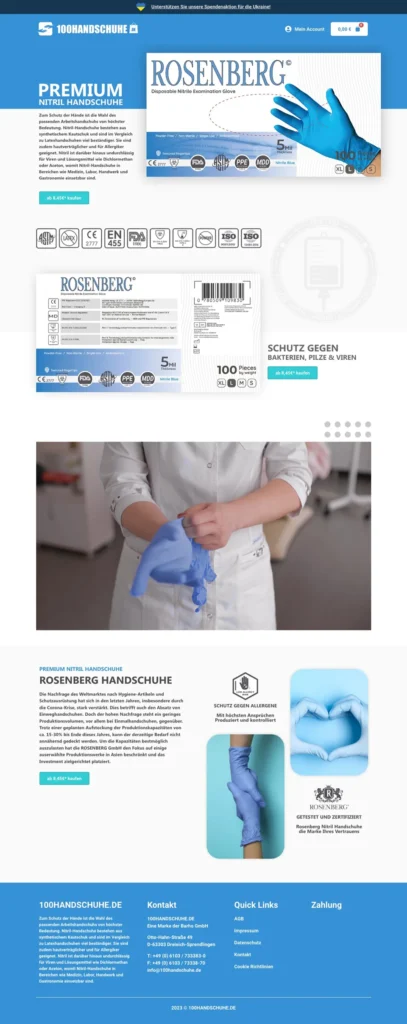 Die Startseite der Webseite von 100 Handschuhe in der Desktop-Ansicht