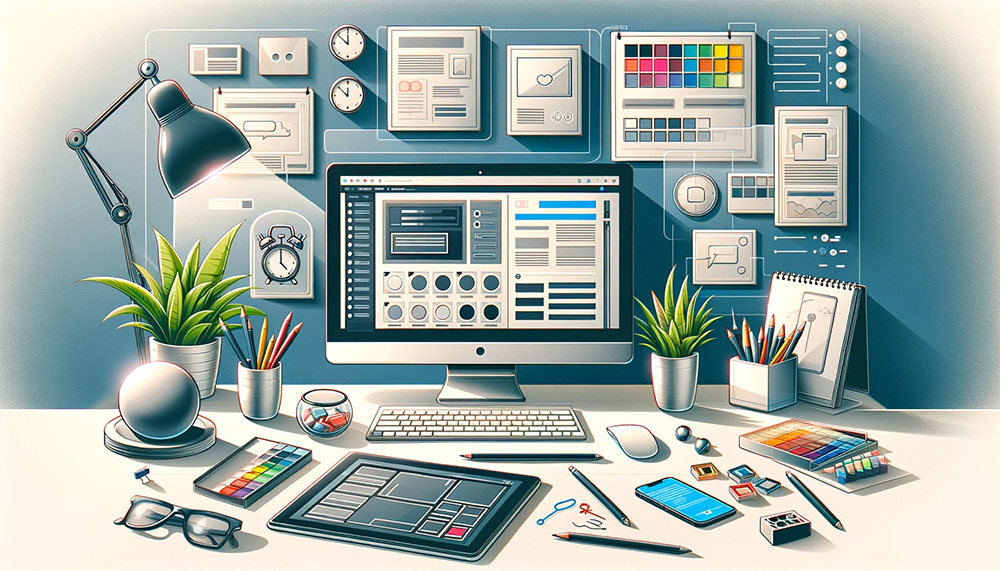 Ein iMac worauf mit einem Page Builder eine Webseite erstellt wird. Drumherum viele Tools für die Designerstellung