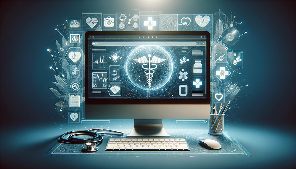 Ein iMac mit vielen Symbolen des Gesundheitswesens