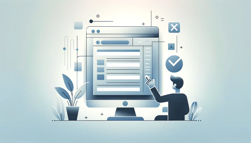 Eine Illustration von einem Rechner und einem Männchen, dass auf das Design zeigt