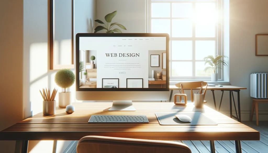 Ein Büroraum mit einem Schreibtisch und einem iMac darauf.