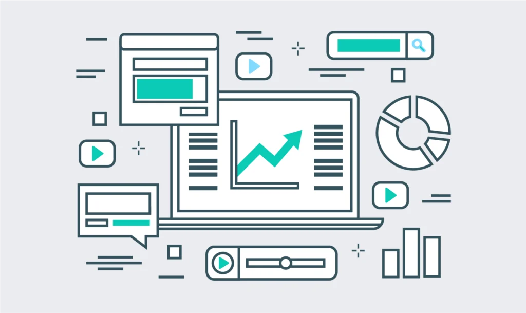 Eine Illustration von einem Laptop mit vielen Statistiken drum herum