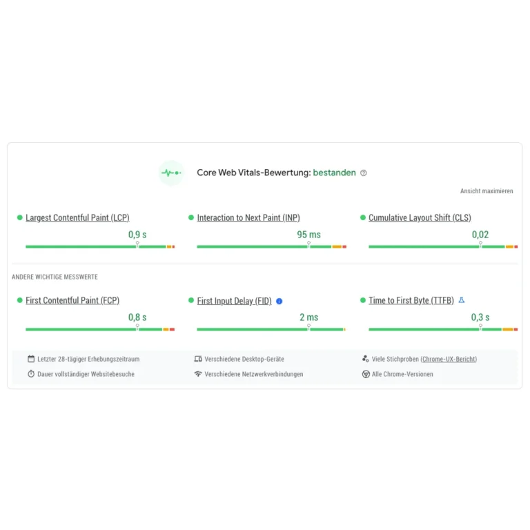 Core Web Vitals-Bewertung und Leistungsmetriken.