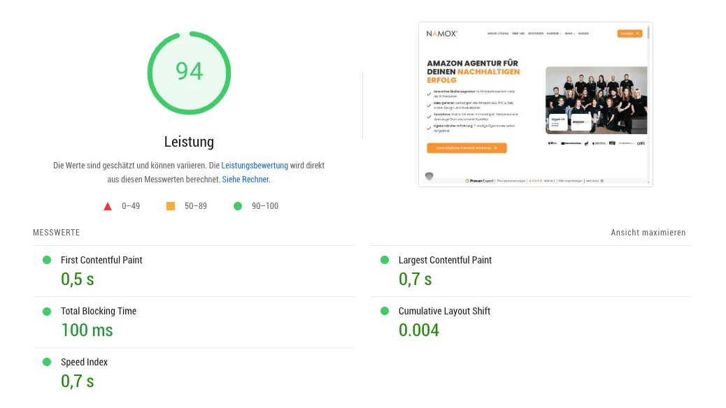 Website-Leistungsbewertung mit Punktzahl von 94