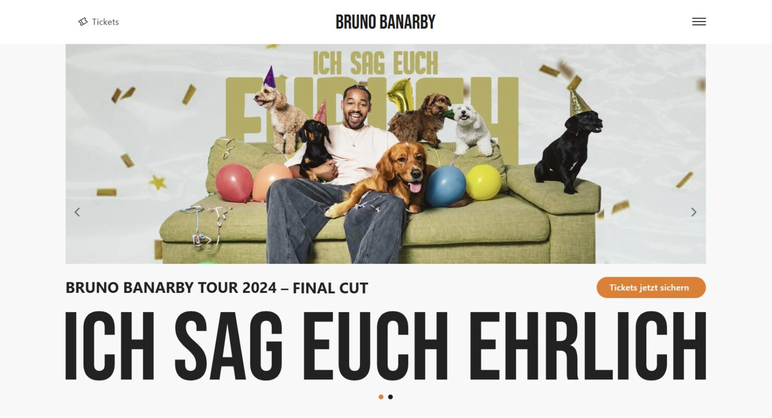 Bruno Banarby mit Hunden, Sofa, Partyhüte, Luftballons, Konfetti